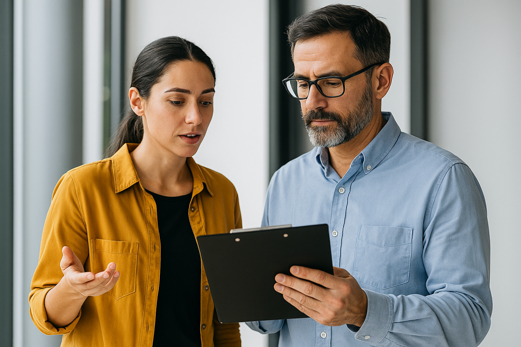 Dwoje pracowników omawia dokumentację – kobieta w musztardowej koszuli i mężczyzna z brodą w okularach